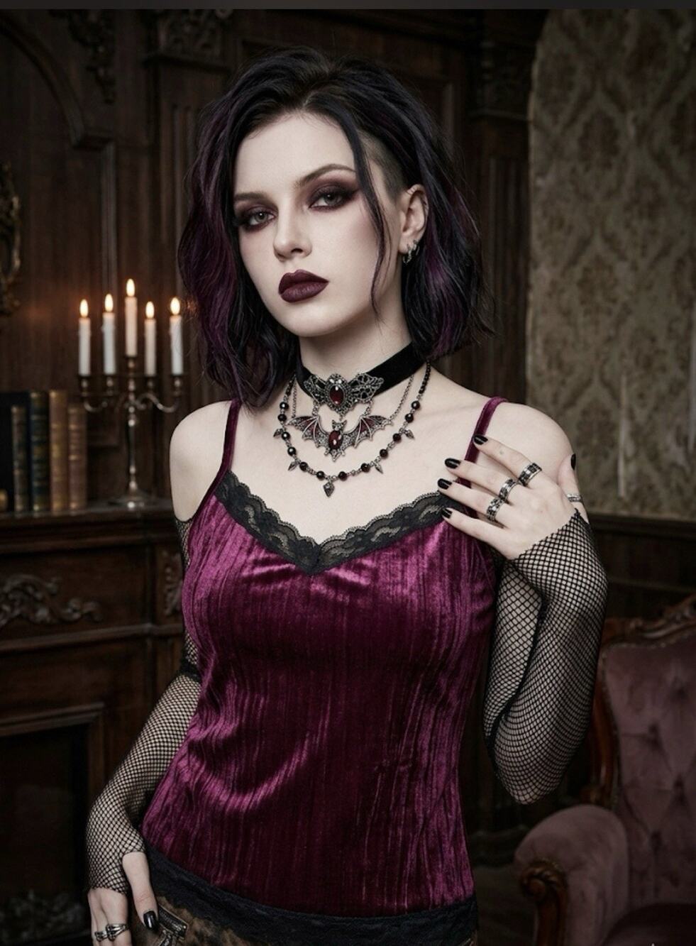 90s Y2k Womens Burgundy Velvet Lace Babydoll Vampy Whimsigoth Cami Tank Top Sz M